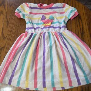 Vintage Health-tex Dress Girls 5 Pastel Stripe Short Sleeve Cupcake Applique